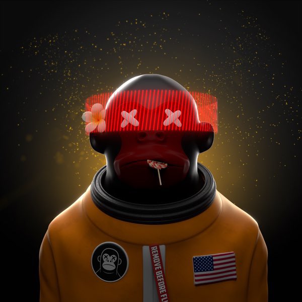A 3D-rendered monkey character wearing red shutter sunglasses with X eyes, a lollipop in its mouth, and an orange jacket featuring an American flag patch and 'REMOVE BEFORE FL' text.