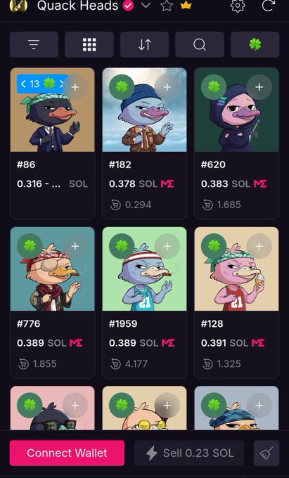 A Quack Heads NFT marketplace interface showing duck character collectibles listed in SOL (Solana) prices with a 'Connect Wallet' button at the bottom.