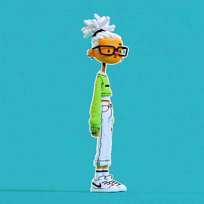 A 3D rendered character with white textured hair, glasses, and a green sweater over white pants and sneakers, standing in profile against a solid teal background.