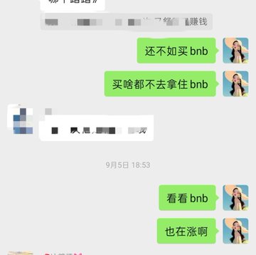 A Chinese WeChat messaging conversation showing green message bubbles on September 5th at 18:53, where the sender jokes that it's better to buy BNB (cryptocurrency) or look at BNB rather than spend money on a hotel (bnb), while Airbnb's prices are rising.