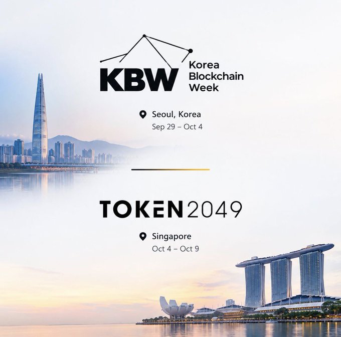 A promotional graphic for 'KBW Korea Blockchain Week' in Seoul, Korea (Sep 29 – Oct 4) and 'TOKEN 2049' in Singapore (Oct 4 – Oct 9), featuring cityscapes.
