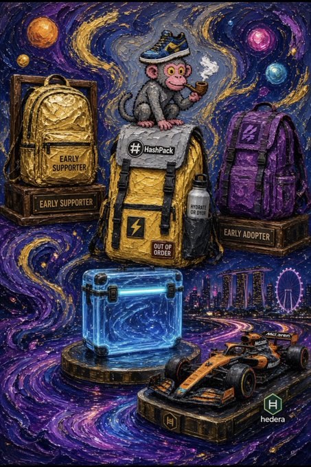 A Van Gogh "Starry Night"-style NFT painting features a smoking monkey ("HMNKY") wearing HashPack sneakers perched atop a golden "#HashPack Early Supporter" backpack, alongside a purple "Early Adopter" backpack and a glowing blue loot crate, with a McLaren F1 race car set against a city skyline — celebrating the poster's HashPack, McLaren F1, and Hedera NFT collection.