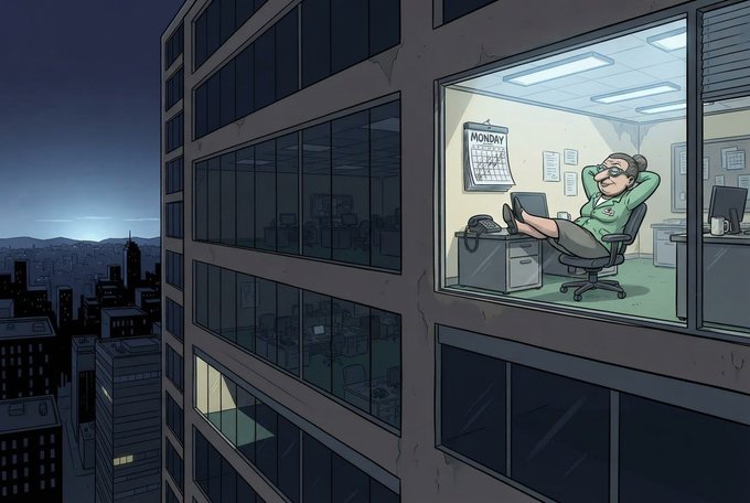 An illustration of a person relaxing with feet up on a desk in a dimly lit office at night, with a "MONDAY" calendar on the wall, surrounded by dark empty offices in a high-rise building.