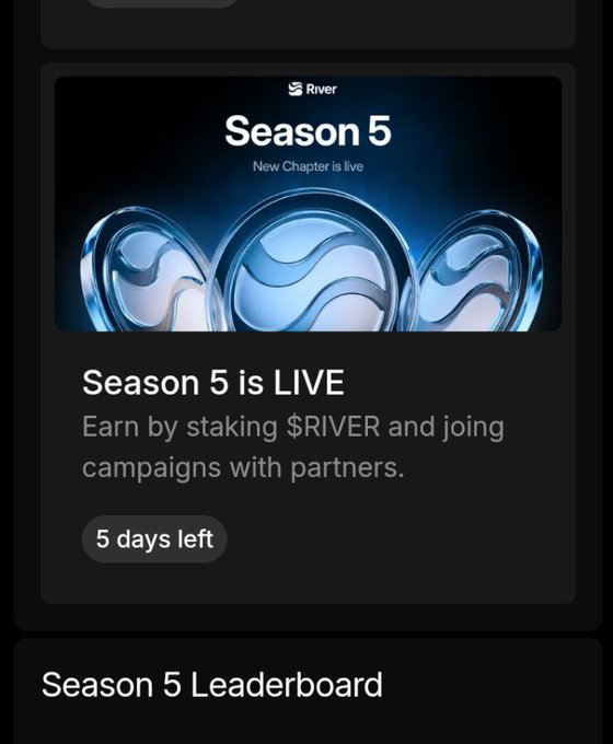 The image shows the progress of an upcoming television show called "S5 airdrop campaign handled by @River4fun for S5". There are three blue discs shown in various stages of completion, ranging from full to only half done. The screen also displays a message about a new season and the number of days remaining until it begins. This information can be used as a countdown timer or leaderboard, giving users an idea of how close they are to completing their season 5 release.