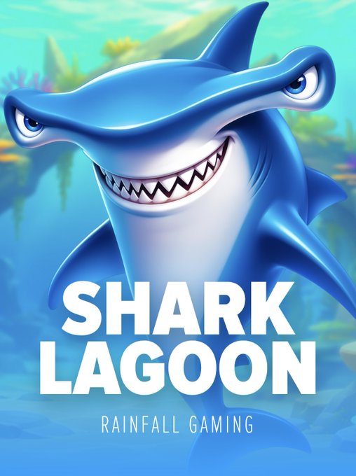 A vibrant promotional image featuring a cartoonish blue shark with a wide grin, set against an underwater backdrop, advertising the new "SHARK LAGOON" game by "RAINFALL GAMING," which the accompanying post announces as the center of a giveaway of 10 × $5 USDC on Stake.