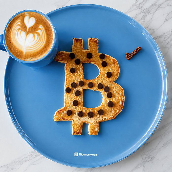 The image features a blue plate with a breakfast pastry shaped like the letter "B" made of toast, topped with chocolate chips. The plate also holds a cup of coffee and a small chocolate bar. The background appears to be white marble or granite countertop. The caption reads "GM Sunday mode: slow coffee, calm mind, and a fresh look at the market. No rush today - just good vibes, better focus, and a little Bitcoin energy".