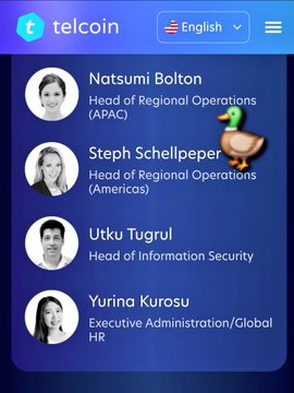 The image shows a phone screen displaying information about Telcoin's digital cash stablecoin. The screen features four profiles of people with their names and roles displayed below them. One profile has a duck icon next to its name, which adds a humorous touch to the presentation. The text on the screen provides details about the digital cash stablecoin, including its global remittance capabilities and the fact that it is in early production deployment.