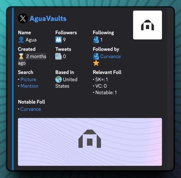 The image shows a Twitter/X profile card for "AguaVaults" (@AguaVaults), displaying account details including 9 followers, 1 following, created 2 months ago, based in the United States, with relevant followers including @Currence and notable followers like @SK and @VC, which relates to the post highlighting this newly launched cross-chain yield vault platform built on Reservoir.