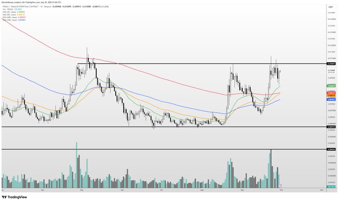 A TradingView chart of PENGU/USDT.P on Coinbase showing the daily timeframe with EMAs and horizontal support/resistance levels, where the price recently rebounded sharply from the lower support zone near $0.0095 toward the $0.015 area, supporting the poster's view of accumulating more in this region.