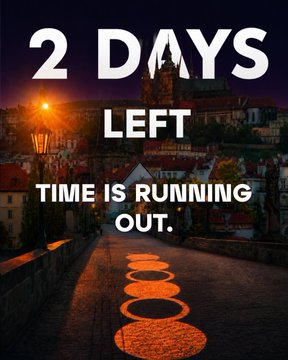 The image features a poster with an orange circle, surrounded by white text that reads "2 days. Time is running out. Why are we doing this? @dusan_matuska". The poster also includes a photo of a city street at night and a building in the background. The main focus of the post seems to be related to Bitcoin adoption or real-life impact, as indicated by the text "Time is running out."