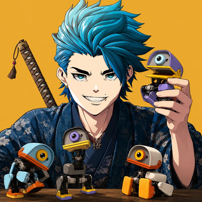 An anime-style illustration of a smiling young man with spiky blue hair wearing a blue kimono and holding a katana, surrounded by four small colorful robots.