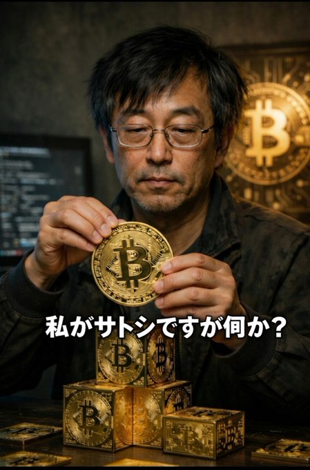 A man wearing glasses carefully examines a Bitcoin coin amid a backdrop featuring the Bitcoin logo and stacked gold Bitcoin bars, with the Japanese text "私がサトシですが何か？" ("I am Satoshi, so what?") displayed below—visually personifying the anonymous Bitcoin founder Satoshi Nakamoto referenced in the post about his 2010 prediction on Bitcoin's future adoption.