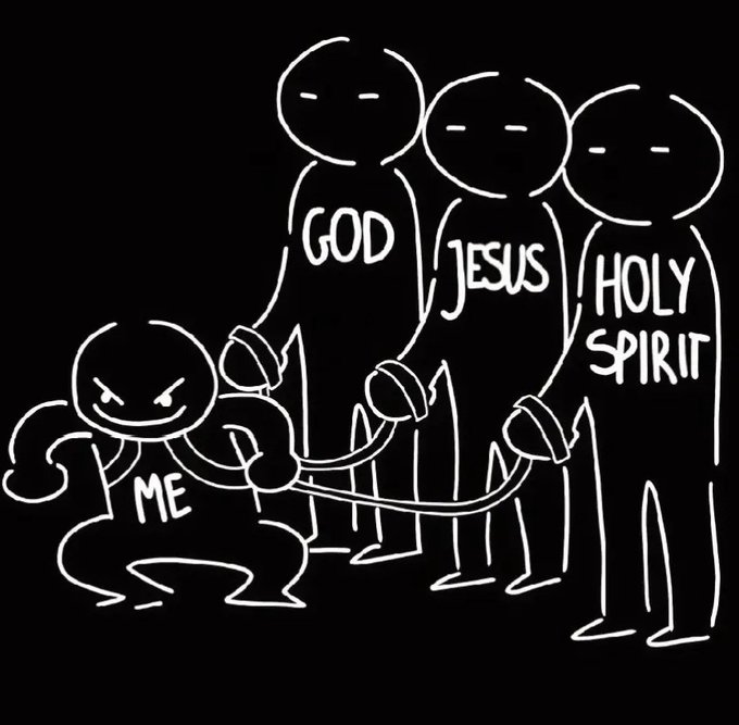 A black-and-white cartoon illustration shows a small angry figure labeled 'ME' in a fighting stance, tethered by ropes to three larger, stoic figures labeled 'GOD,' 'JESUS,' and 'HOLY SPIRIT.'