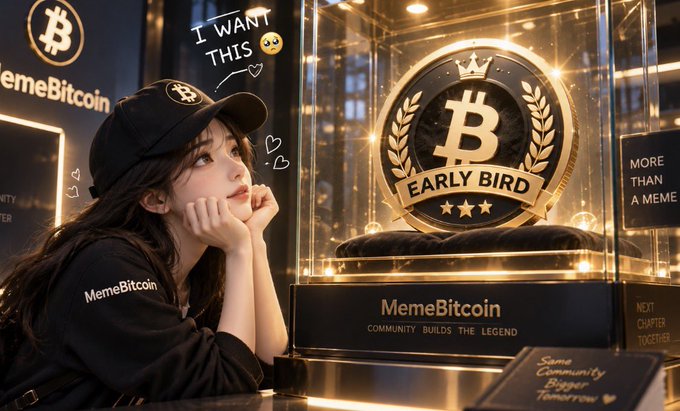 An AI-generated image shows a young woman wearing a "MemeBitcoin" cap admiring a golden "MemeBitcoin" early bird trophy in a glass display case, with the tagline "COMMUNITY BUILDS THE LEGEND."