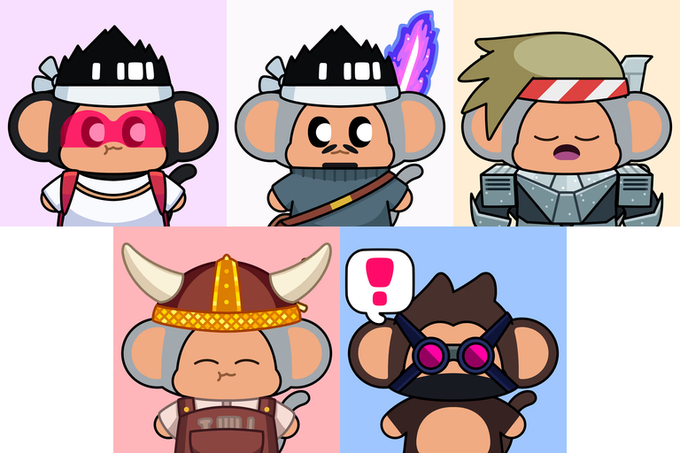The image shows five cartoon chimpanzee characters styled as fantasy warriors, including knights and barbarians, which relates to the post celebrating the migration of 5 "Chimpers" NFTs to an address (0x812b...baab), with one featuring an exclamation mark that mirrors the post's triumphant tone about reaching 3,831 of 5,555 total NFTs.