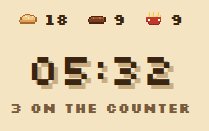 Pixel art game interface showing a timer at 05:32 with scores of 18, 9, and 9, labeled '3 ON THE COUNTER'.