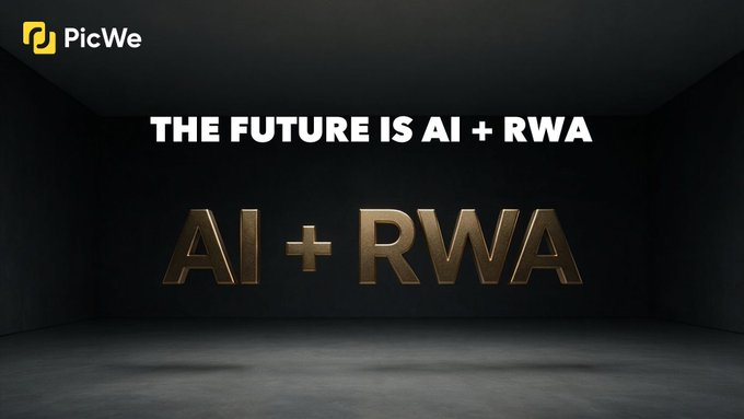 A promotional graphic with the 'PicWe' logo in the corner, displaying the text 'THE FUTURE IS AI + RWA' above large 3D metallic letters spelling 'AI + RWA' against a dark, empty room background.