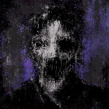A dark, glitchy pixelated portrait of a figure with long hair against a purple and black background, appearing distorted and horror-themed.