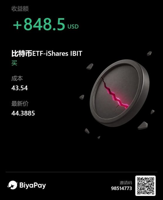 A BiyaPay app investment screen showing a profit of +848.5 USD on a Bitcoin ETF (iShares IBIT), with cost basis 43.54 and latest price 44.3885.