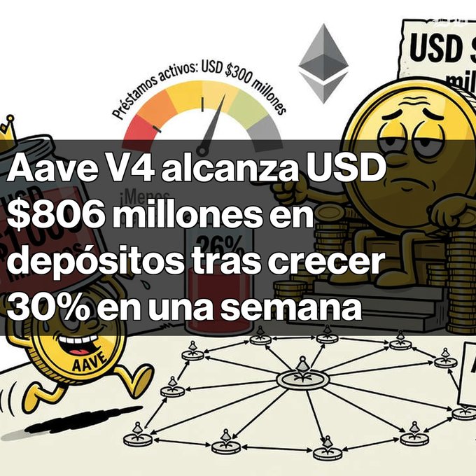 An infographic in Spanish stating 'Aave V4 alcanza USD $806 millones en depósitos tras crecer 30% en una semana' with cartoon coins and a meter graphic.