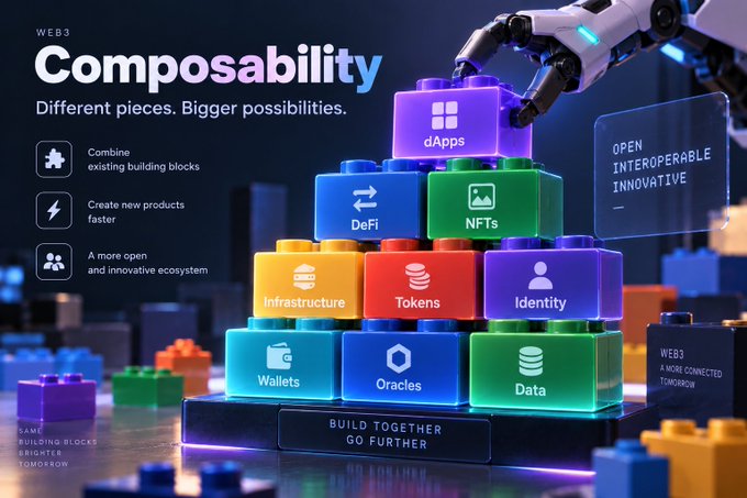 A promotional graphic for Web3 'Composability' showing a pyramid of colorful building blocks labeled with terms like dApps, NFTs, Tokens, Infrastructure, and Wallets, with a robotic arm placing a block on top.
