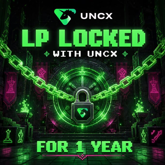 A green and pink neon-style graphic announcing 'UNCX LP LOCKED WITH UNCX FOR 1 YEAR,' featuring a central lock surrounded by glowing chains in a pixel-art dungeon setting.