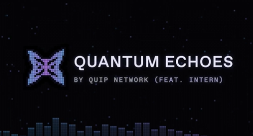 A stylized graphic with a dark starry background and soundwave bars at the bottom displays the title "QUANTUM ECHOES" with the subtitle "BY QUIP NETWORK (FEAT. INTERN)," alongside a purple and pink butterfly-like logo. The image ties into the post by visually highlighting Quip Network's role in advancing decentralized quantum computing and post-quantum asset security through its accessible, real-world platform.