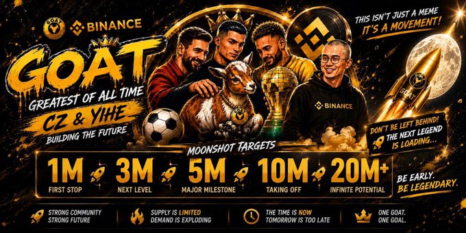 The image features a poster for Binance, which is promoting a Goat event. The poster includes various images of people and soccer balls, as well as text that highlights the unique aspect of GOAT - every GOAT day when football legends score or win, a buyback is triggered. This creates an exciting atmosphere around the event, encouraging people to participate in the game and support the cause.
