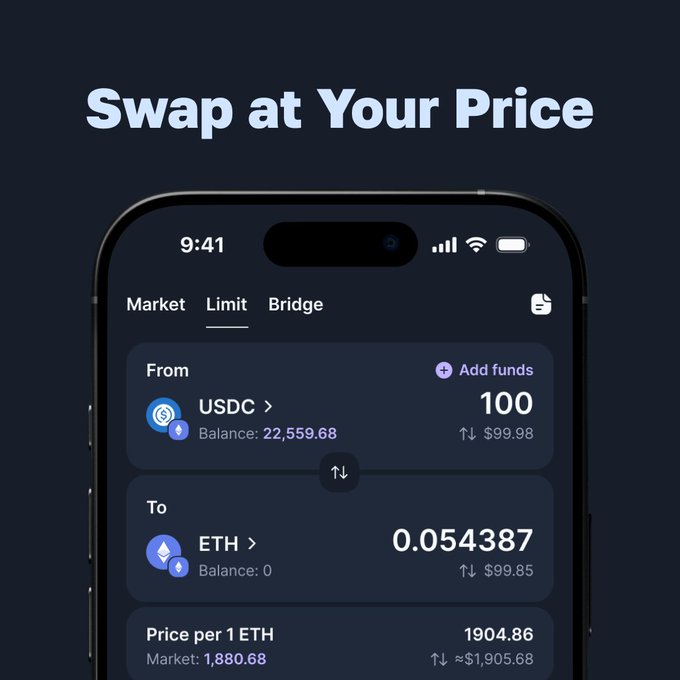 A crypto exchange mobile interface beneath the headline “Swap at Your Price,” showing a limit swap from 100 USDC to 0.054387 ETH, with a visible balance of 22,559.68 and a quoted price of 1904.86 per ETH.