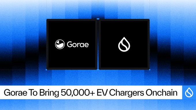 A promotional banner reads 'Gorae To Bring 50,000+ EV Chargers Onchain' against a blue checkered background with two black squares displaying the Gorae logo.
