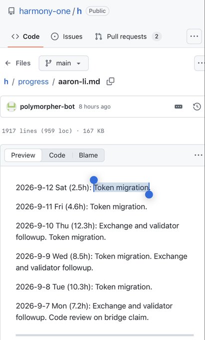 A GitHub repository page for 'harmony-one/h' showing a file 'aaron-li.md' with daily work logs from September 7-12, 2026, predominantly about token migration tasks.
