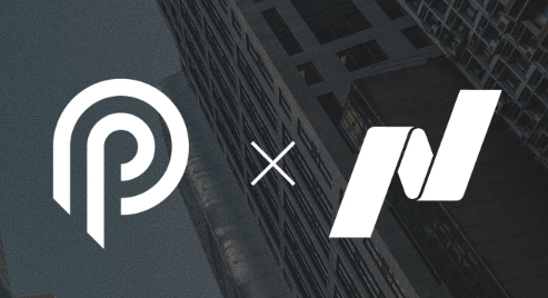 Collaborative logo graphic featuring the Polkadot 'P' symbol and the New Balance 'N' logo separated by an 'x' against a dark architectural background.