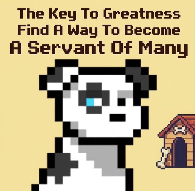 A pixel art illustration of a sad black-and-white cow with a tear, next to a small doghouse, with the text 'The Key To Greatness Find A Way To Become A Servant Of Many'.