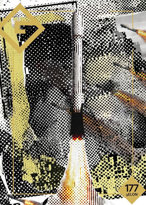 A stylized graphic featuring a black and white halftone rocket launch with gold geometric overlays, including a '177' logo and '9ELON' text in the bottom right corner.