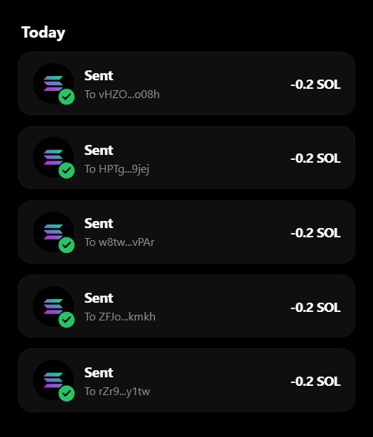 A mobile app interface showing a transaction history under 'Today' with five 'Sent' entries, each for '-0.2 SOL' to different wallet addresses on what appears to be the Solana blockchain.