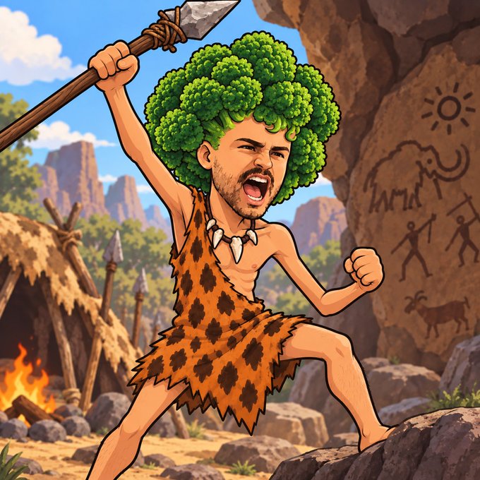 A cartoon illustration of a caveman wearing leopard print clothing, holding a spear above his head, with a broccoli flouret styled as an afro.
