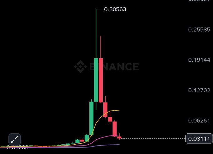 A Binance candlestick chart showing a dramatic price surge peaking at 0.30563 before crashing back down to around 0.03111, with the post inviting viewers to guess the cryptocurrency identity.