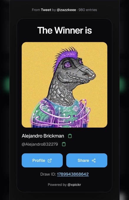 A 'The Winner is' tweet by @zazzkeee announcing Alejandro Brickman (@AlejandroB32279) as the winner, featuring a profile picture of a dinosaur with a purple mohawk wearing a colorful shirt.