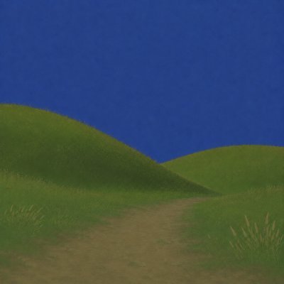A simple digital illustration shows rolling green hills with a dirt path under a deep blue sky.