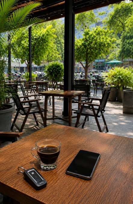 A small glass of black coffee sits on a wooden table alongside a smartphone and car key fob, with an outdoor café seating area and trees visible through the window.