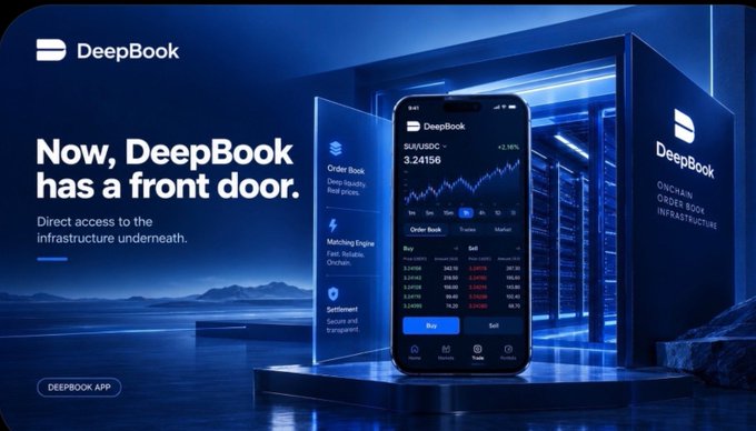 A promotional graphic for DeepBook showing 'Now, DeepBook has a front door' with a mobile app interface displaying SUI/USDC trading at 3.24156.
