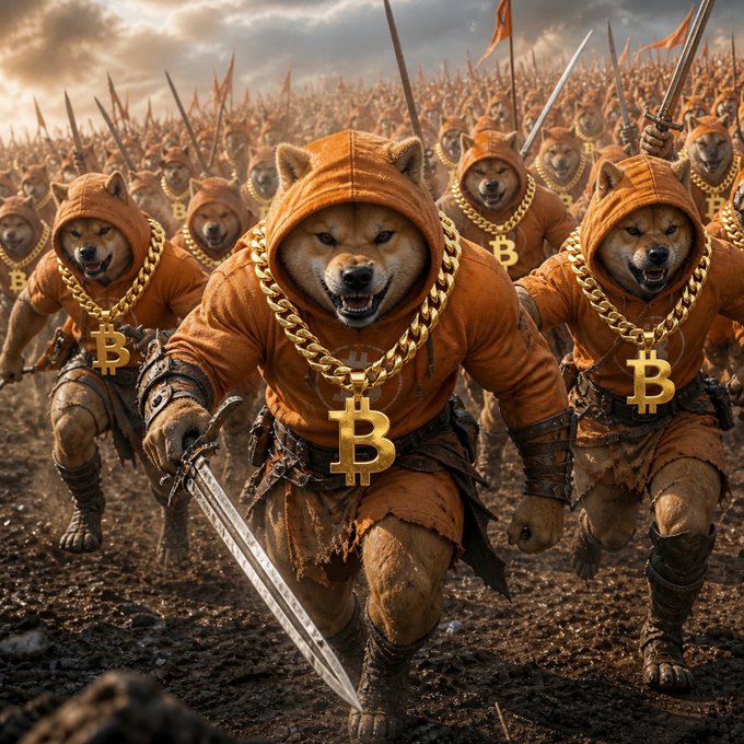 The image features a group of dogs dressed up as humans, wearing hooded sweatshirts with gold chains around their necks and holding swords. The dogs appear to be running together, possibly as part of an army or a team. The background shows a muddy field, which further emphasizes the theme of teamwork and unity among these canine soldiers. The post includes text that reads "ᴳᴹ peeps! ᴳᴹ $PIZZA @pizzaninjas!" This phrase is likely meant to be humorous or playful, as it combines elements from both the image and the accompanying post.