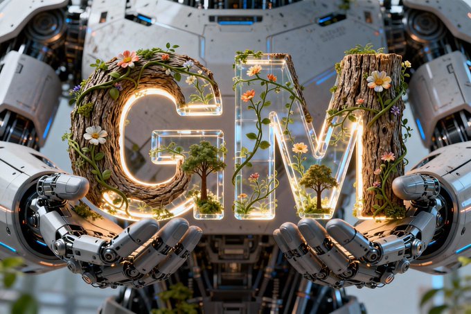 A 3D-rendered image of robotic hands cradling glowing letters "GM" made of wood and intertwined with flowers, vines, and small trees against a sci-fi mechanical background.