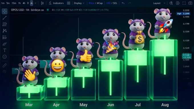 A trading chart for 'OPOS/USD' on birdeye.so showing monthly candlesticks from March to August, with cartoon mice wearing 'OPOS' hats holding various emojis, gifts, and money bags on green ascending pedestals.