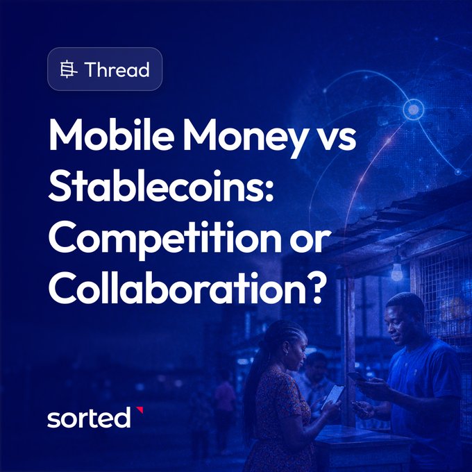 A promotional graphic with a deep blue overlay shows two people exchanging money at an outdoor stall, featuring the text "Thread" and the heading "Mobile Money vs Stablecoins: Competition or Collaboration?" alongside the "sorted" logo. The imagery of a real-world mobile money transaction visually frames the post's question about whether mobile money and stablecoins will compete or work together.