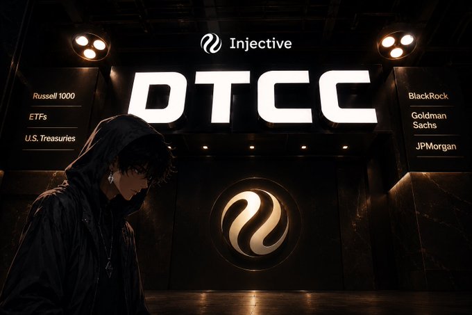 A dark, stylized promotional graphic featuring the Injective logo and the text 'DTCC' prominently displayed, flanked by lists including 'Russell 1000, ETFs, U.S. Treasuries' and 'BlackRock, Goldman Sachs, JPMorgan', with a hooded figure in the foreground and a glowing Injective symbol on the wall.