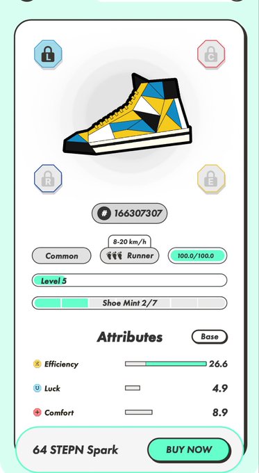 The image shows a phone screen displaying an app called "Stepn Spark" with a shoe design, which appears to be a sneaker or athletic shoe. The app has been purchased by someone named "buy now", as indicated by the green button in the bottom right corner of the screen.