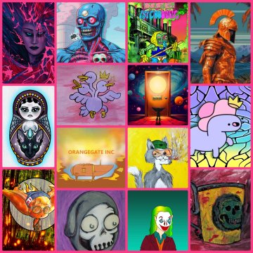 A colorful 4x4 grid collage of diverse digital art and NFT-style illustrations, including characters like a purple figure, a matryoshka doll, a cat, and various other creative designs.