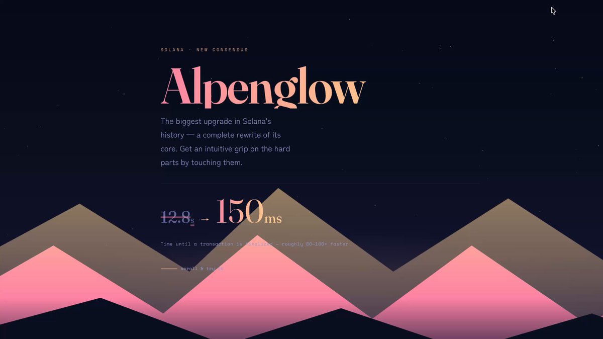 The image features a website called "alpenglow-demo" that has a pink mountain background with white triangles, and the text "Alpenglow" written above it. The website appears to be a tutorial or educational resource for understanding Alpenglow, possibly related to Bitcoin or cryptocurrency.