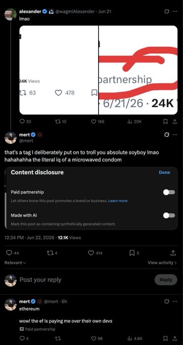 The image features a social media post by a user who has four different posts displayed. The first three are on Twitter, while the fourth one is on Facebook. The post contains an advertisement for some condom products. There's also text on the image suggesting that this particular ad was made in response to something called "ratioing random eth people with bullposting solana feels like 2022". The text seems to be a summary of what was posted and the specific incident that led to the creation of the ad.